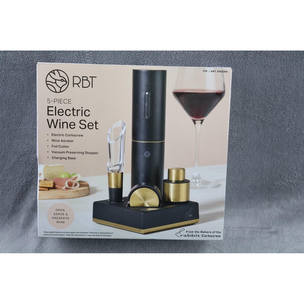 RBT 5-Piece Electric Wine Set 6163384 Rechargeable Corkscrew Aerator Black Gold